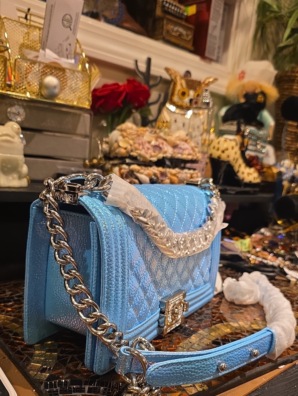 Sky Blue Quilted Chain Crossbody Bag - Unbranded